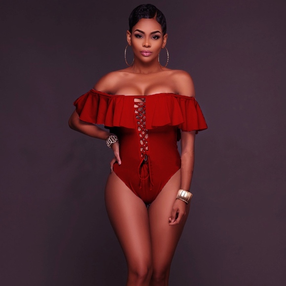 red off the shoulder one piece swimsuit